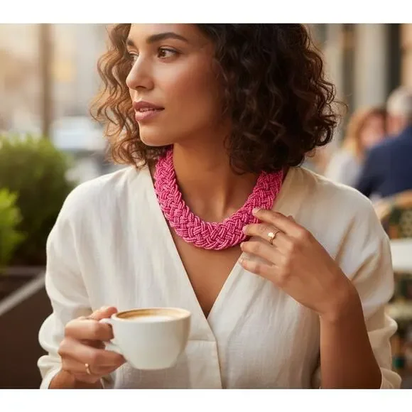 Vintage Salmon Pink Seed Bead Braided Multi Strand Chunky Statement Necklace 18" - Picture 2 of 7